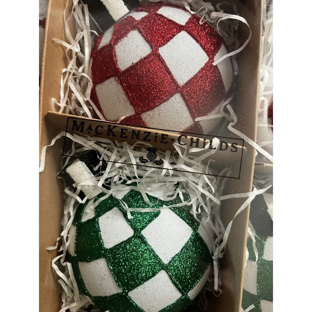 Mackenzie-Childs Red & Green Check It Out Large Glass Glitter Ornament Set 6 NEW